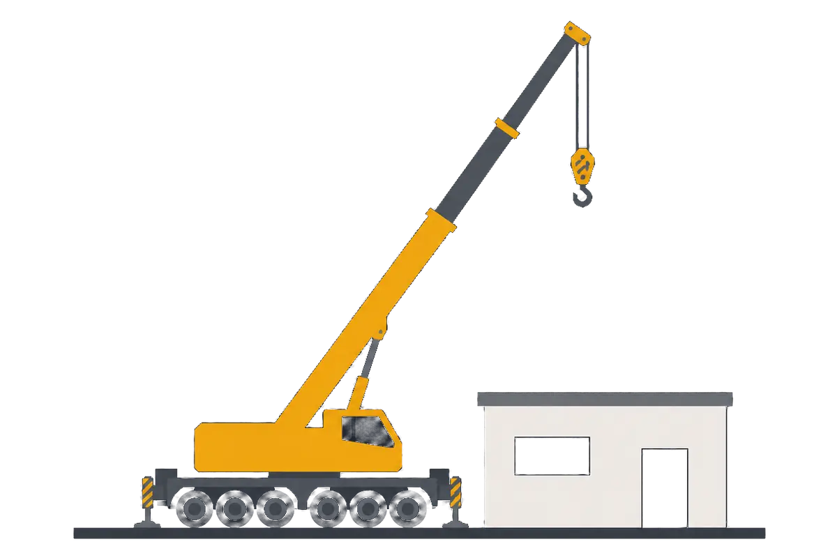 Illustration of a mobile crane with its boom raised beside a small building